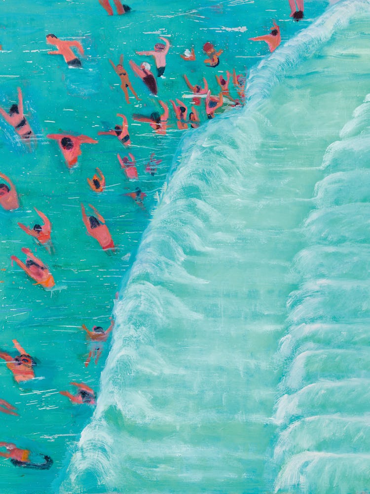 a painting of a group of people swiming in turquoise waves