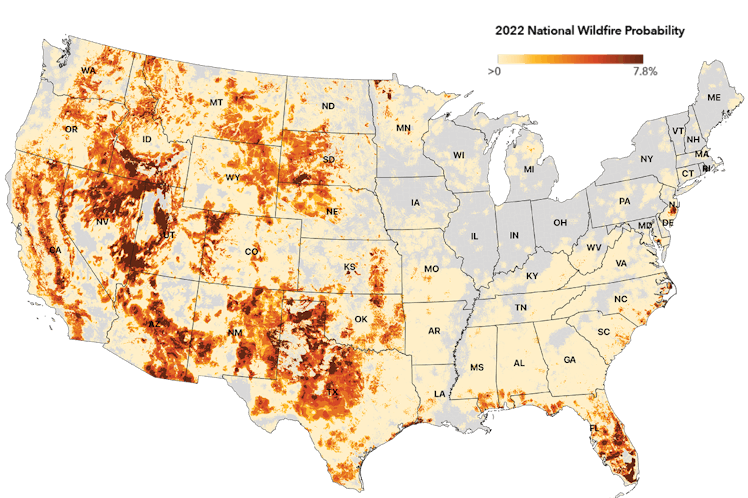map of the united states with fire risk shown, concentrated especially in the west