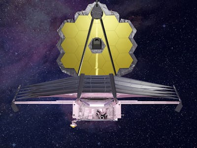 Computer rendering of the James Webb Space Telescope, with honeycomb-like golden array of mirrors