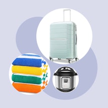 A collage photo of a Samsonite Luggage, an Instant Pressure Cooker and Utopia Beach Towels suggested...