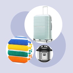 A collage photo of a Samsonite Luggage, an Instant Pressure Cooker and Utopia Beach Towels suggested...