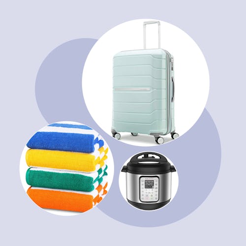 A collage photo of a Samsonite Luggage, an Instant Pressure Cooker and Utopia Beach Towels suggested…