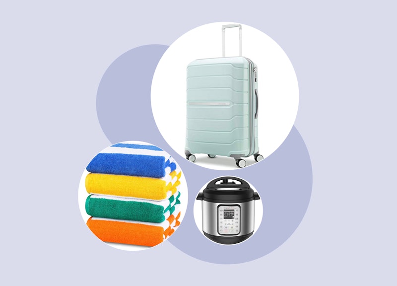 A collage photo of a Samsonite Luggage, an Instant Pressure Cooker and Utopia Beach Towels suggested...