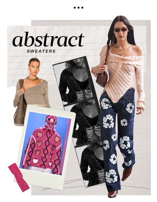 Bella Hadid in fashion portfolio wearing abstract sweaters with edgy cut-outs. abstract sweaters wit...