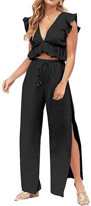 FANCYINN V-Neck Crop Top Wide Leg Pants Set (2-Pieces)