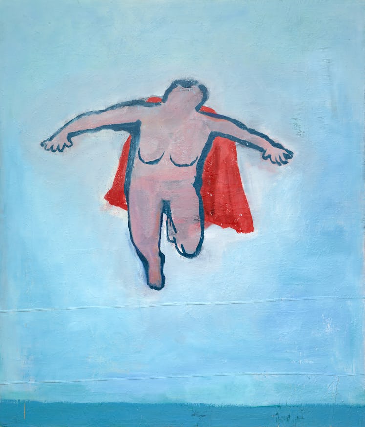 a painting of a faceless woman flying against a blue sky, naked except for a red cape.