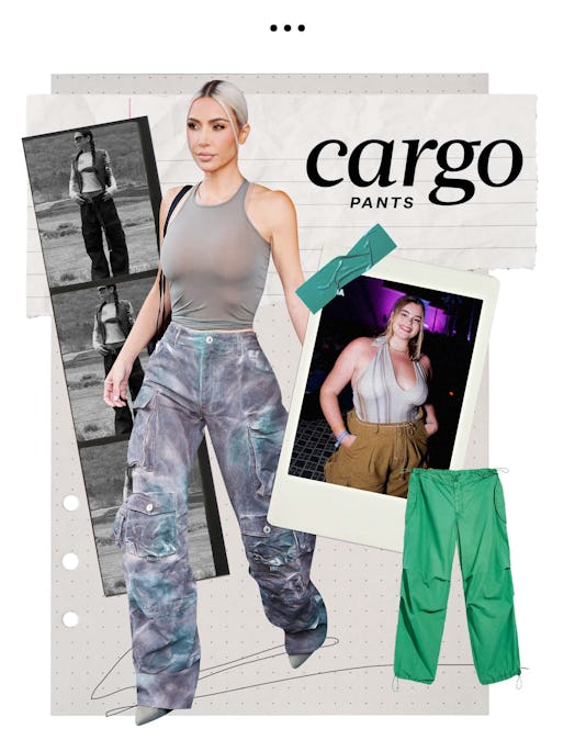 Kim Kardashian dressed in a pair of motocross-inspired red, white, and blue color block pants and bo…