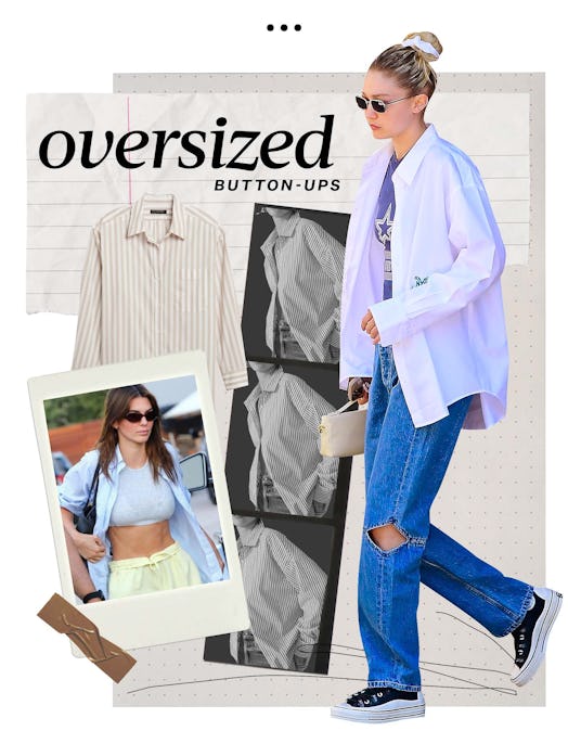 Kendall Jenner and Gigi Hadid look great in oversized striped button-ups with oversized jeans and sn...