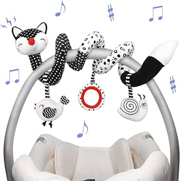 Euyecety Spiral newborn toy wraps around car seat handles. 