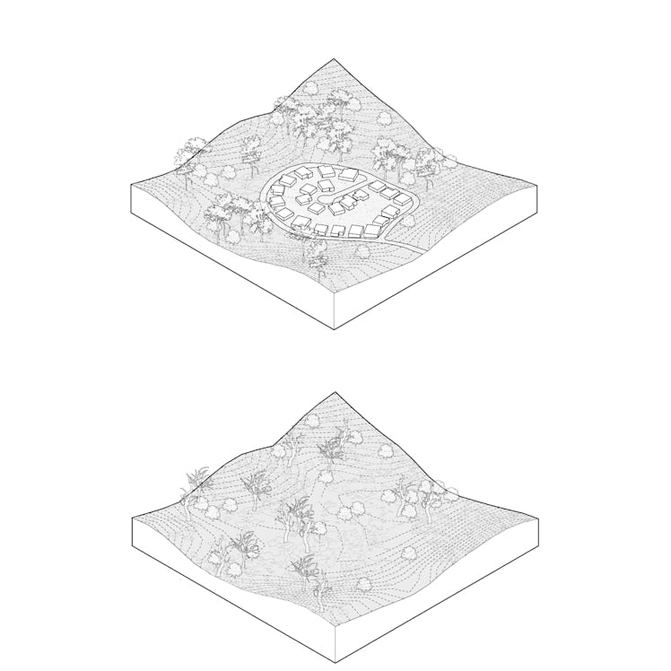 a community entirely removed from a valley, before and after