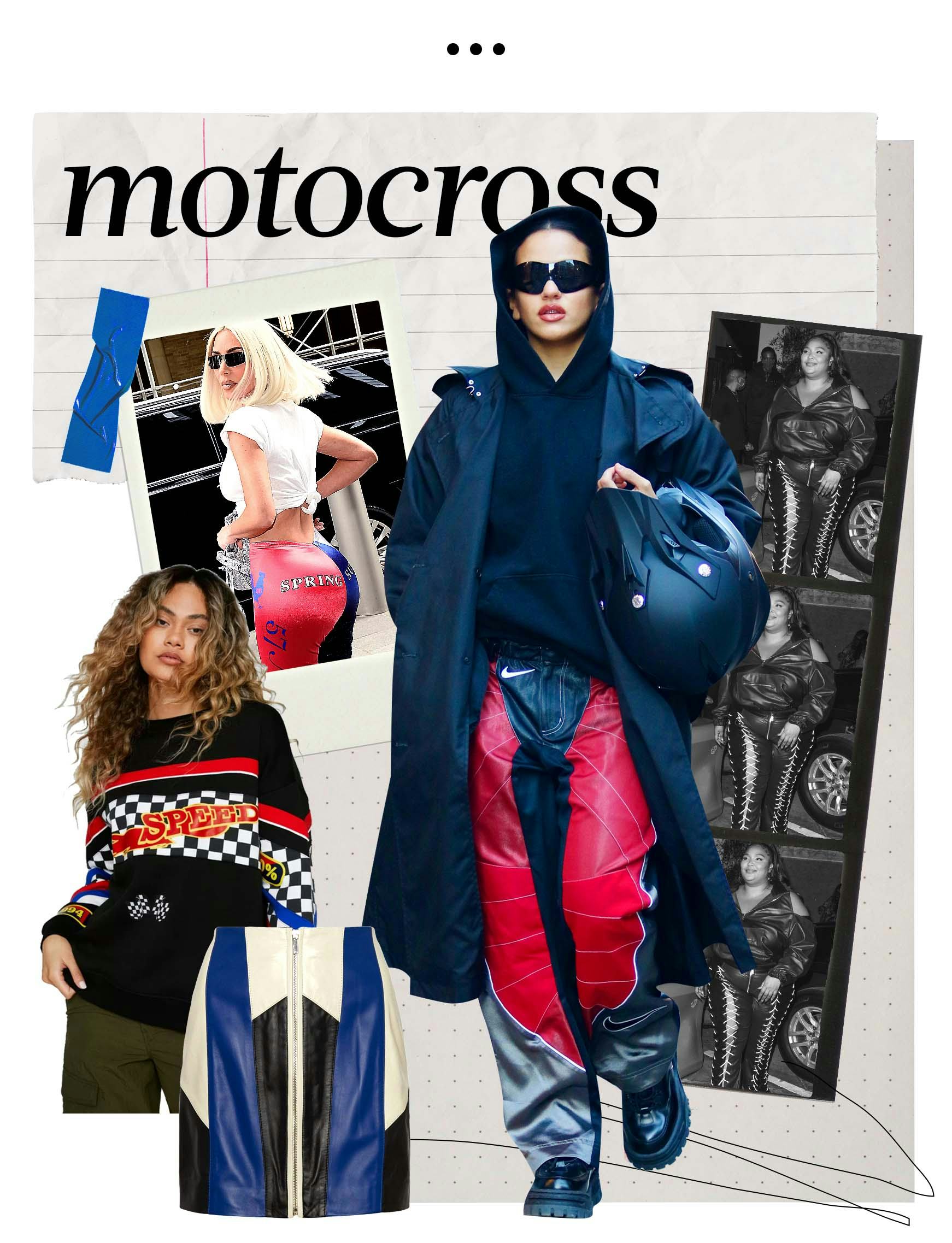 Rosalia in outfit that gives off total motocross vibes.