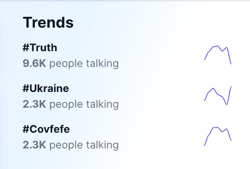 A screenshot from the Truth Social platform showing three trending hashtags: #truth, #Ukraine, and #...