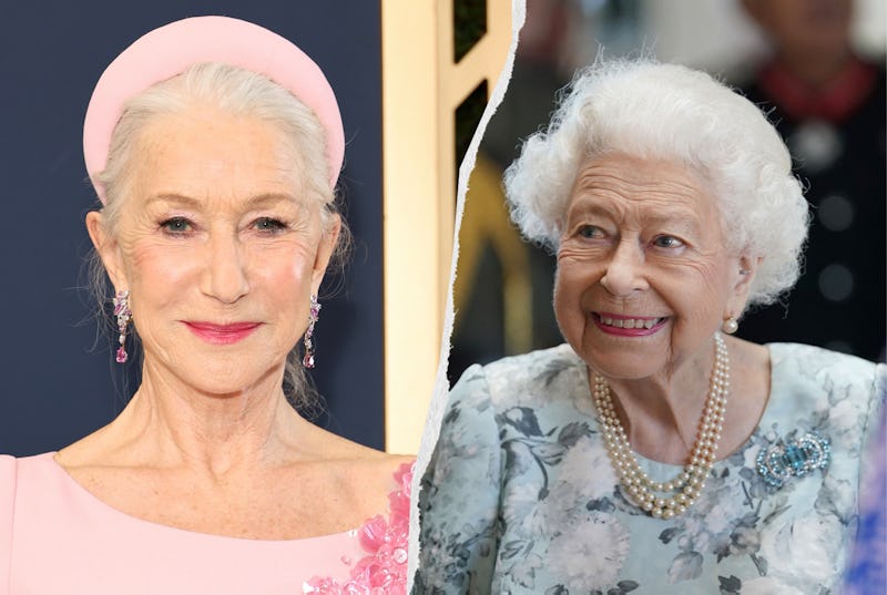 A die by side image of Helen Mirren and Queen Elizabeth II. Mirren wears a pink dress and matching p...