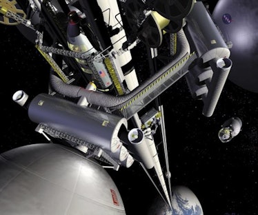 Artist illustration of a CGI space elevator
