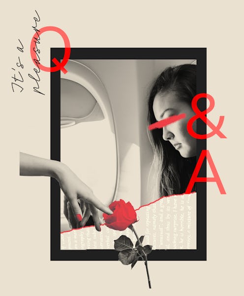 A collage of a long-distance relationship woman on a plane and a Q&A sign