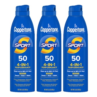 Coppertone SPORT Continuous Sunscreen Spray comes in a handy three-pack.