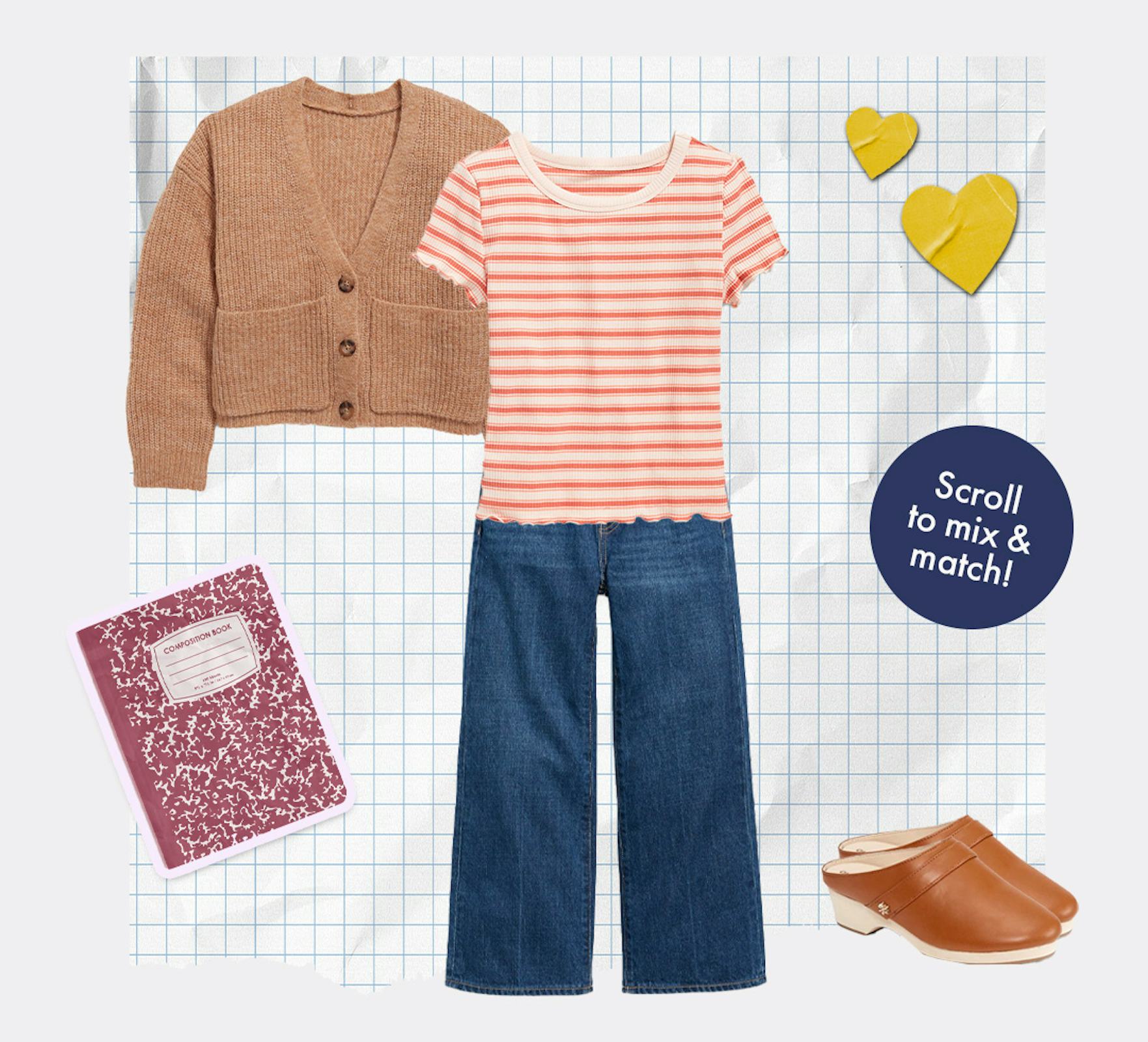 A tan knit sweater, a white-peach striped shirt, blue denim jeans and brown clog shoes