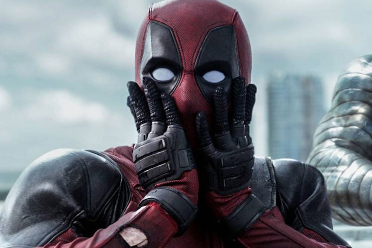 Deadpool with his hands on his cheeks, a still from the movie