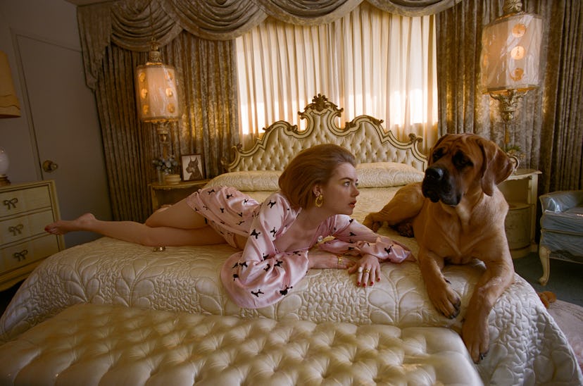 Emma Stone lying on a big bed with a bigger dog
