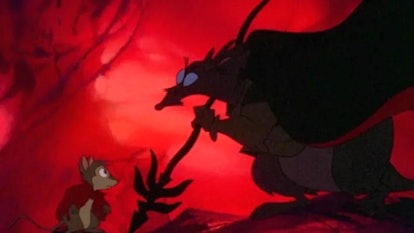 Jenner towering over Mrs.Brisby, holding a cane with a red forest in the background. 