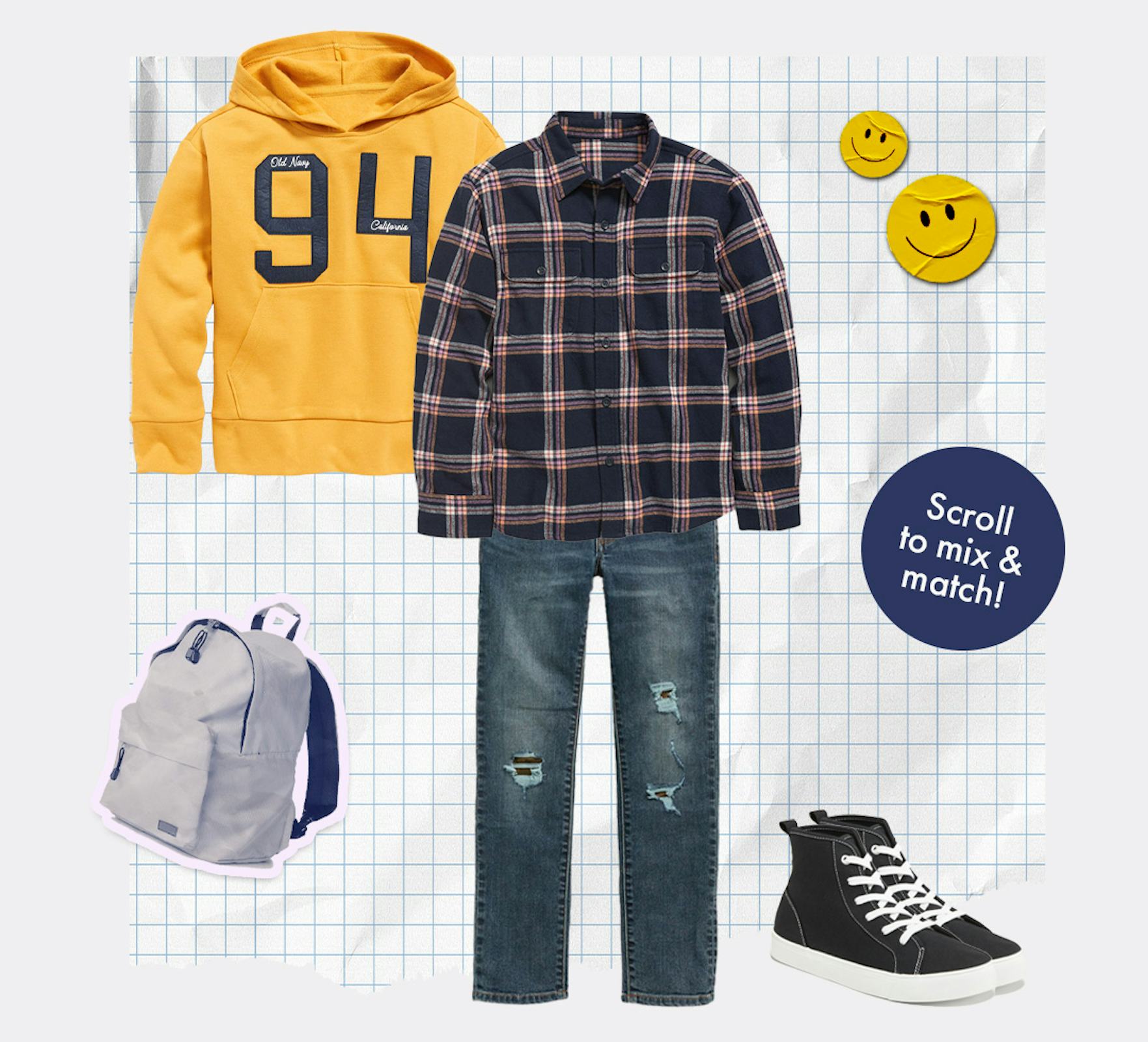 An orange hoodie, a black-check shirt, darker blue denim jeans, and black sneakers