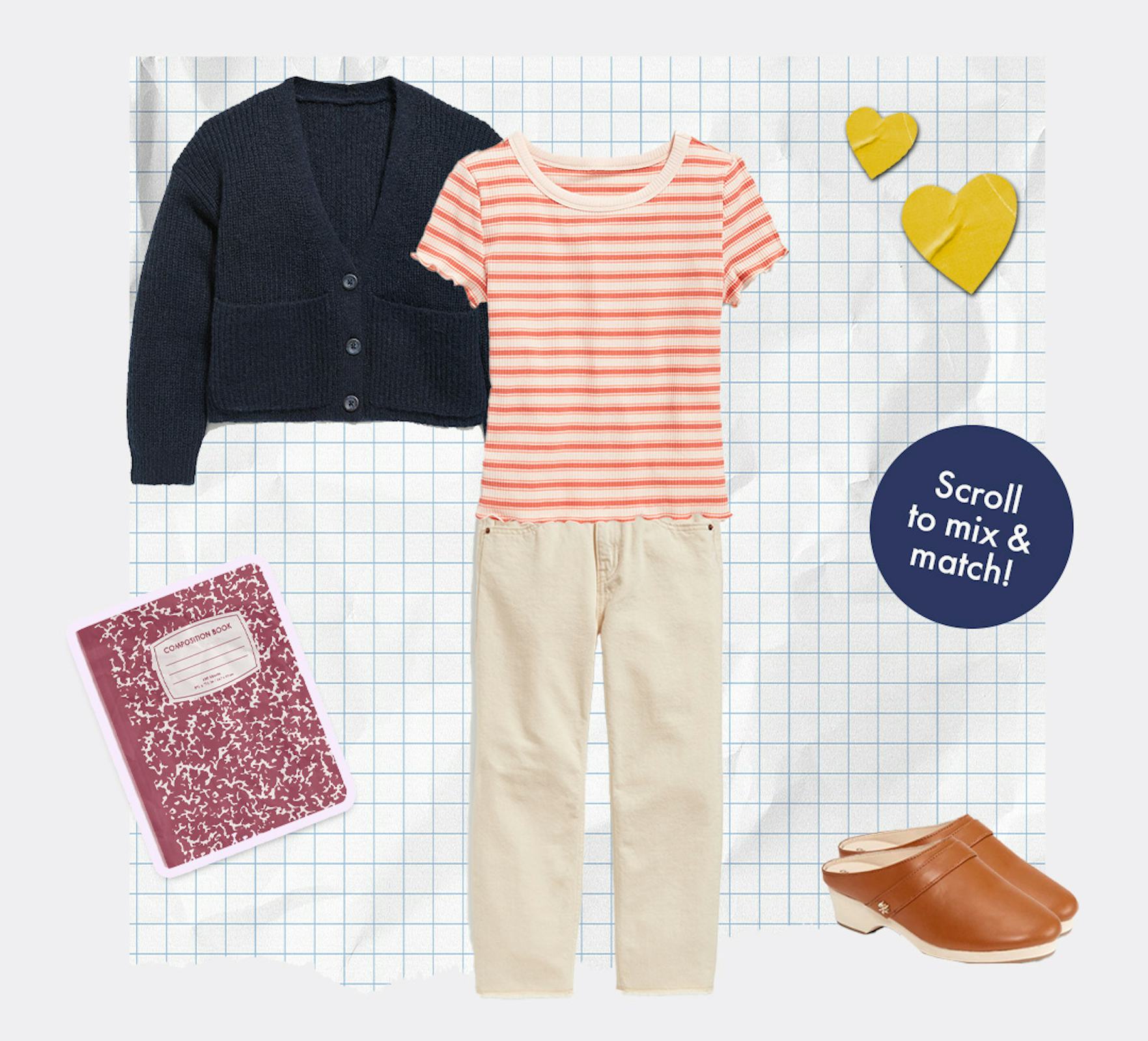 A black knit sweater, a white-peach striped shirt, white denim jeans and brown clog shoes