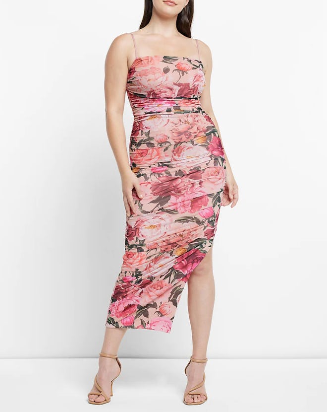 Body Contour Floral Print Ruched Mesh Midi Dress