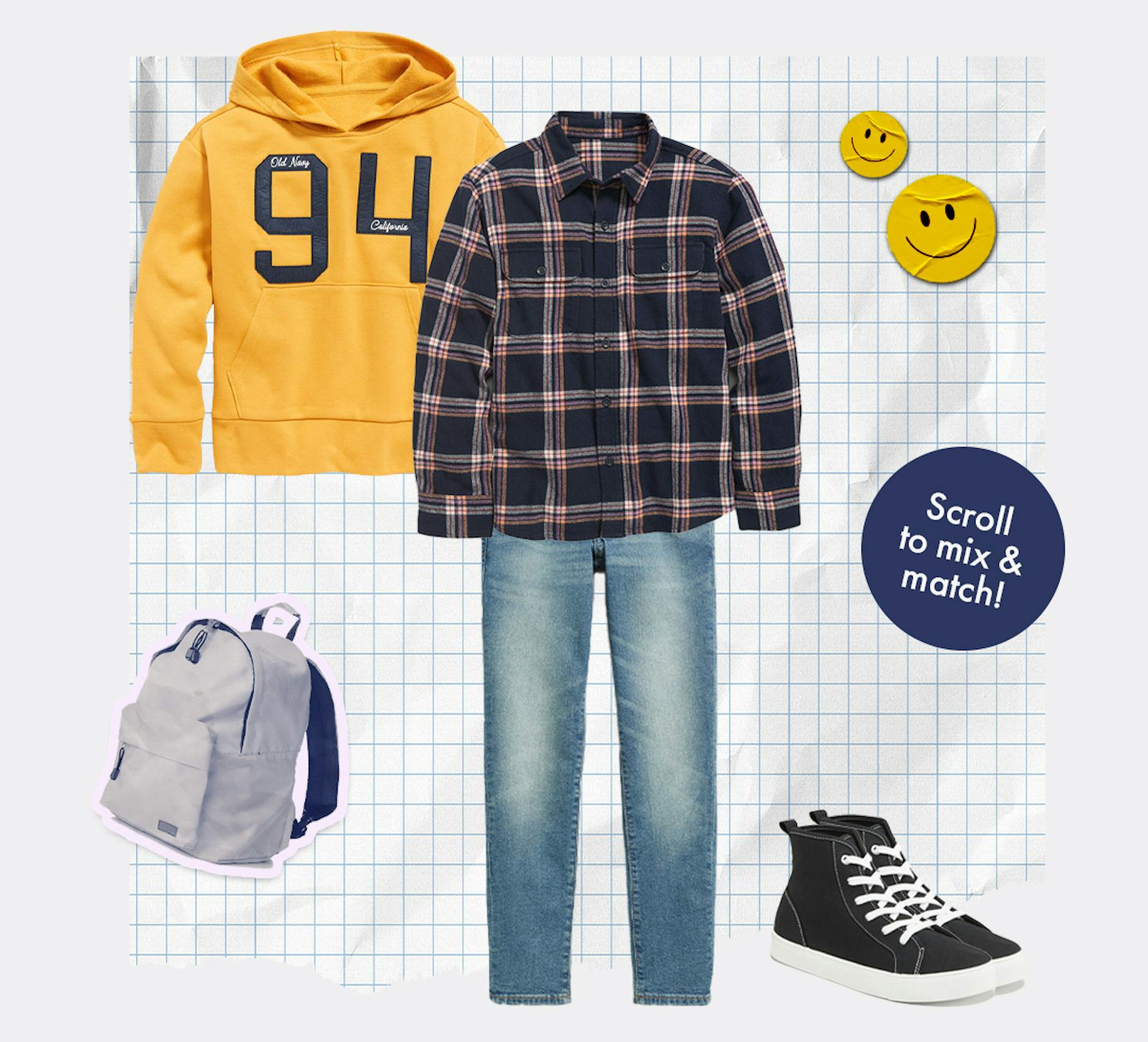 An orange hoodie, a black-check shirt, blue denim jeans, and black sneakers