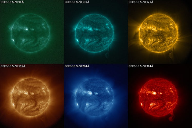 SUVI observes the Sun across six channels. The Sun appears in six colors, and the flare is prominent...