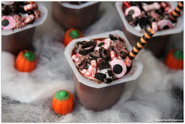 These witches brew Halloween pudding cups are an easy treat for babies.