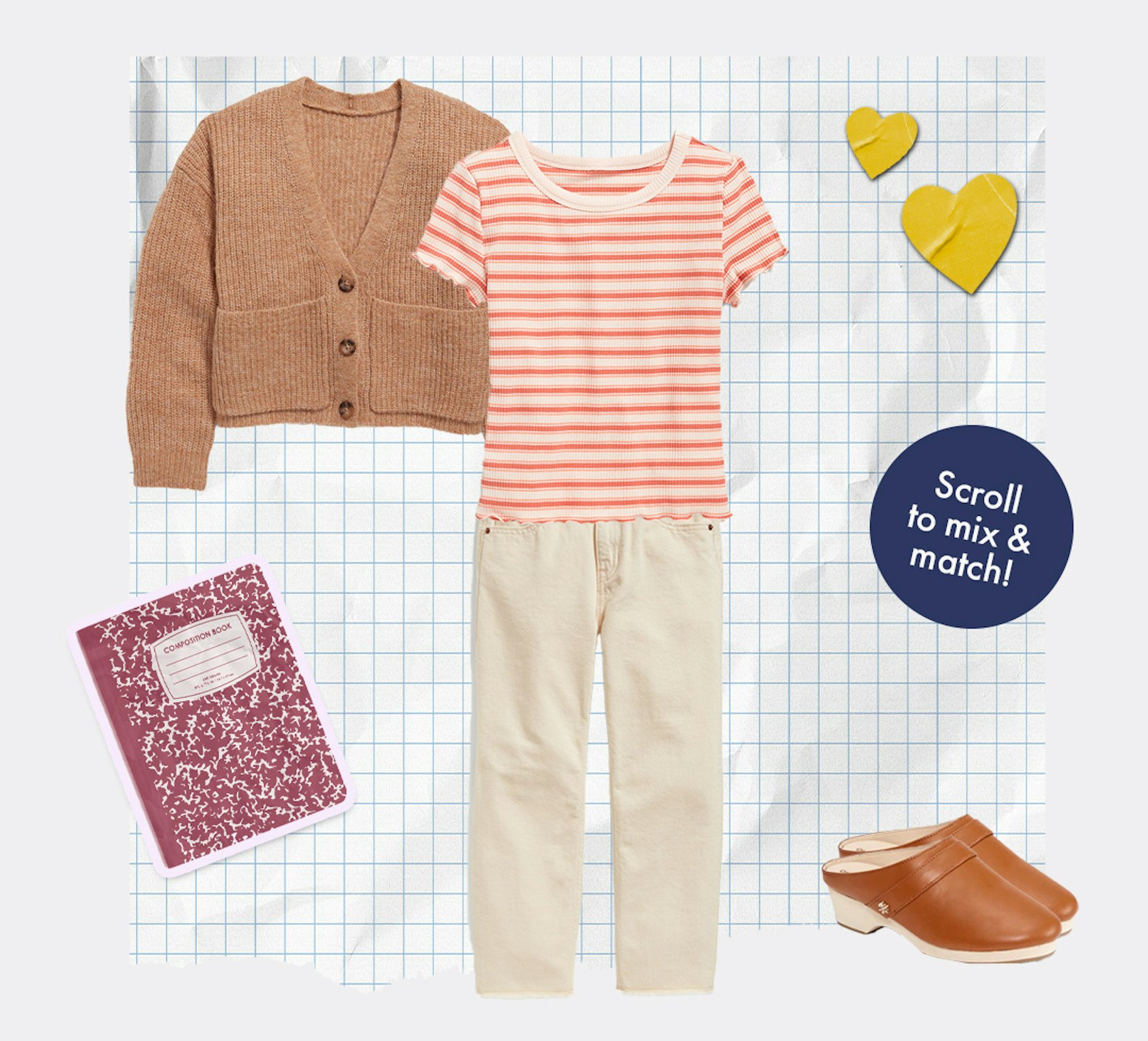 A tan knit sweater, a white-peach striped shirt, white denim jeans and brown clog shoes
