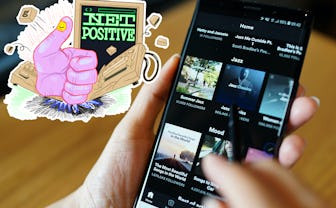 Net positive logo next to someone scrolling spotify on their phone.