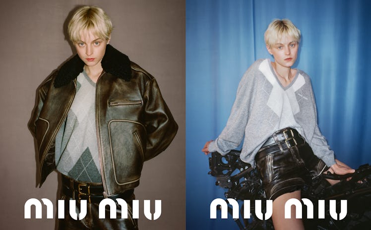 Emma Corrin wearing a leather jacket and gray top in a Miu Miu campaign