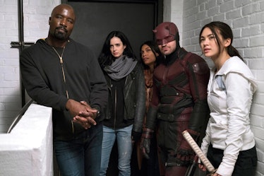 Mike Colter, Krysten Ritter, Rosario Dawson, Charlie Cox, and Jessica Henwick in Marvel and Netflix’...