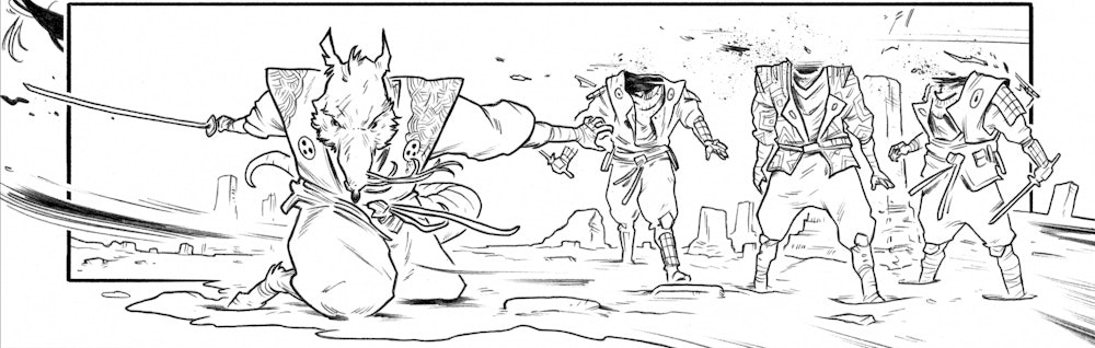 Splinter beheading members of the Foot clan in Issue #4. Art by Ben Bishop. — Courtesy of Ben Bishop