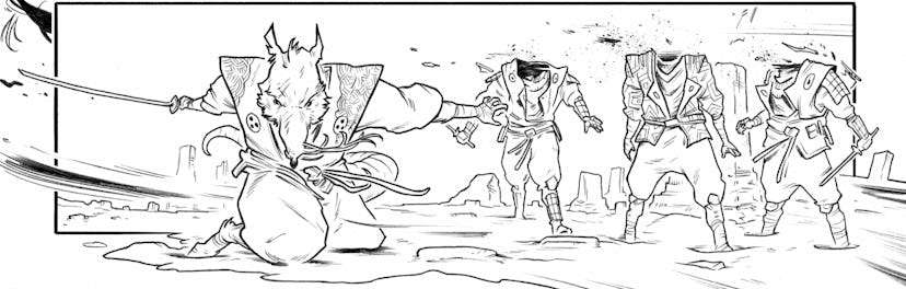 Splinter beheading members of the Foot clan in Issue #4. Art by Ben Bishop. — Courtesy of Ben Bishop