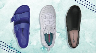  Shoes for swollen feet: one blue Birkenstock shoe, one white Skechers sneaker and one black Dr.Scho...