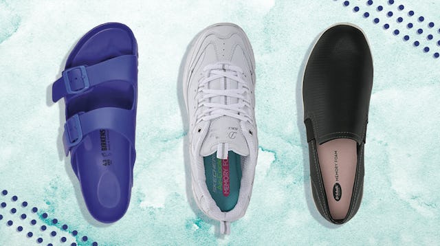 Shoes for swollen feet: one blue Birkenstock shoe, one white Skechers sneaker and one black Dr.Scho...