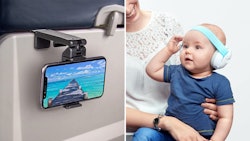 an airplane tray clip for iphones and comfortable headphones for babies can help make travel with ki...