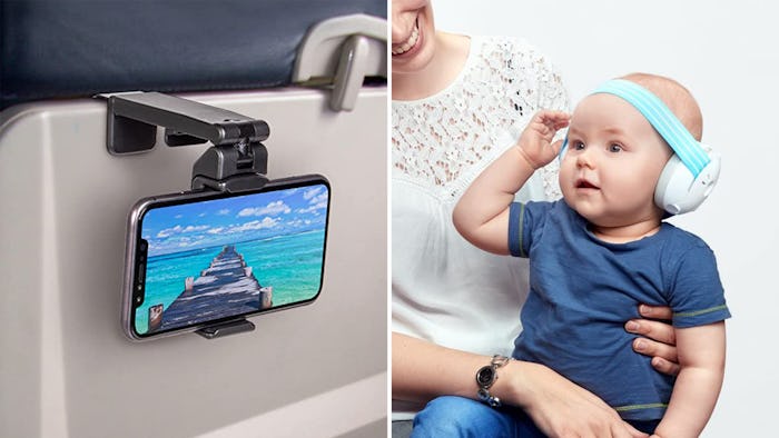an airplane tray clip for iphones and comfortable headphones for babies can help make travel with ki...