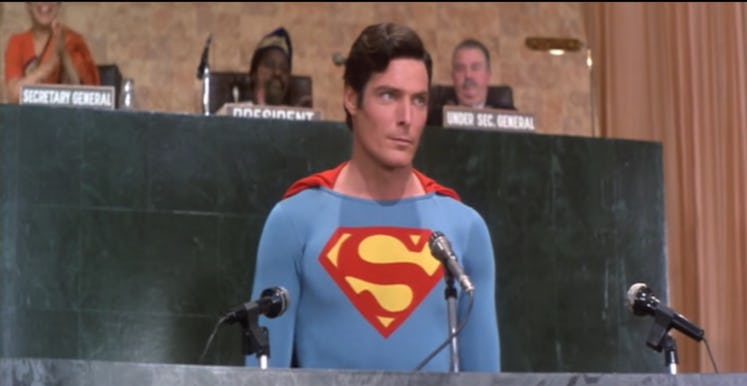 Superman addressing the United Nations