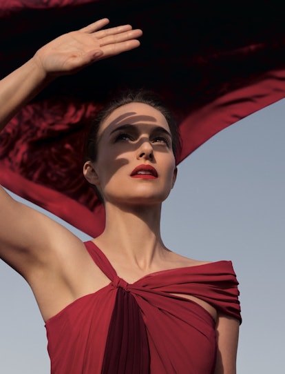 Natalie Portman wearing a red Dior gown