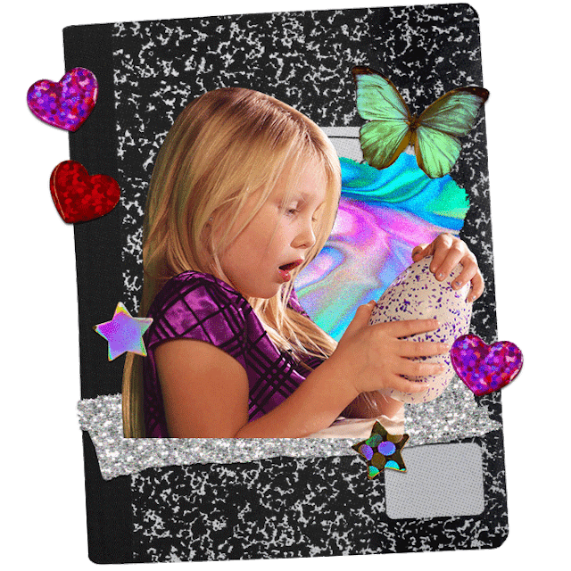 A collage of a girl opening on of her surprise toys eggs