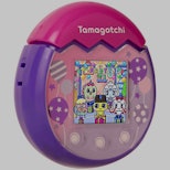 Tamagotchi Pix Party is pictured in the pink and purple "Baloons" color scheme