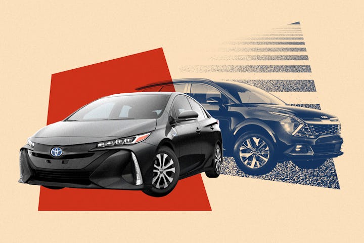 Collage of Toyota RAV4 Prime and Kia Sportage Hybrid SX