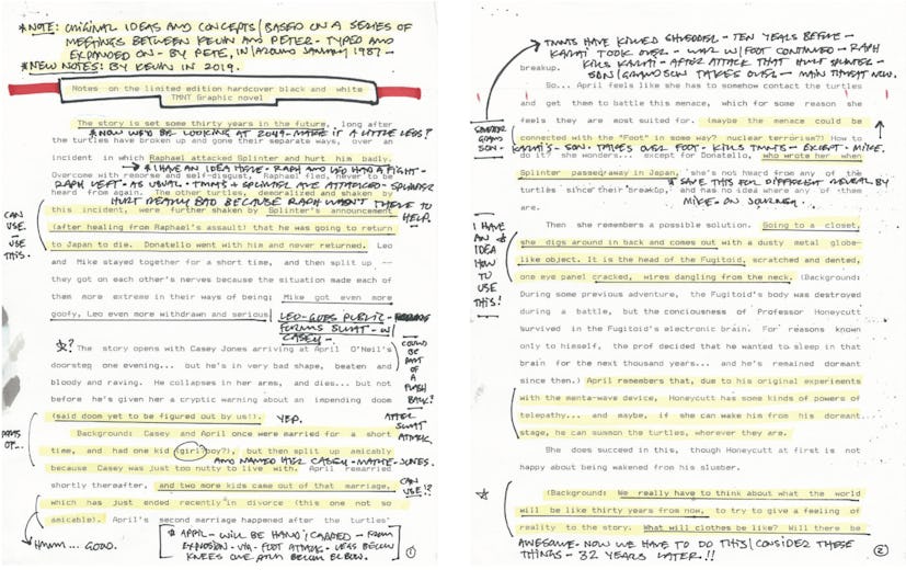 Sample of the notes typed by Peter Laird in 1987, with handwritten notes by Kevin Eastman from 2018.