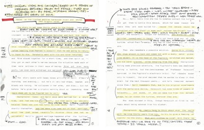 Sample of the notes typed by Peter Laird in 1987, with handwritten notes by Kevin Eastman from 2018.