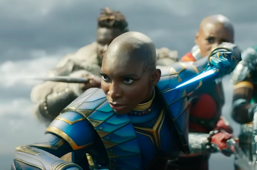 Michaela Coel as Aneka holding a glowing dagger in the first 'Black Panther: Wakanda Forever' traile...