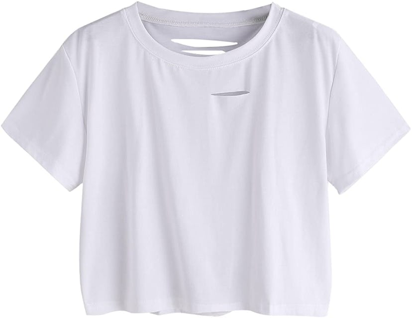 SweatyRocks Women's Short Sleeve Distressed Ripped Crop Top T-Shirt