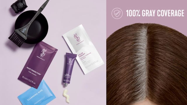Root Perfection Kit for touching up gray roots and brown hair treated with the kit.